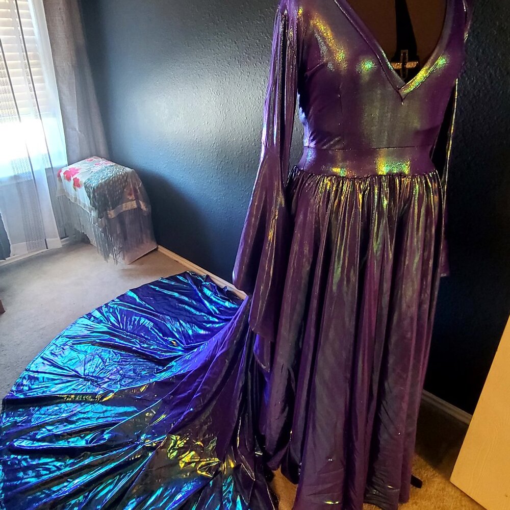 Coquetry Clothing - Custom dress with puddle train and sorceress sleeves